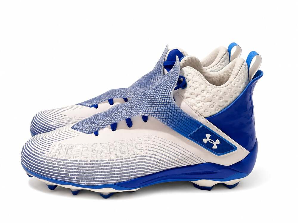 Under Armour Mens 12 Highlight Hammer MC Football Cleats White and Royal Blue